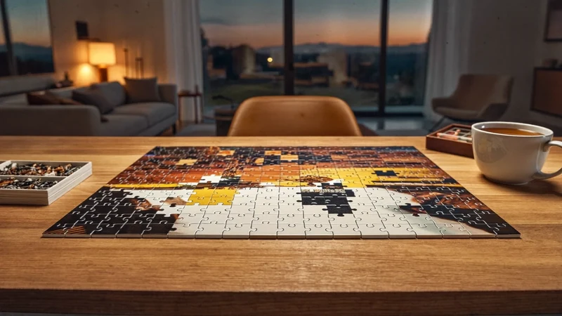 Gemütlicher Wohnzimmertisch am Abend mit halb fertigem Puzzle und Sortierschalen