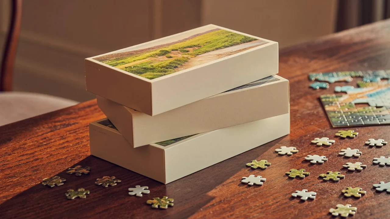 Drei geschlossene Puzzleschachteln neben einem locker gelegten Landschaftspuzzle