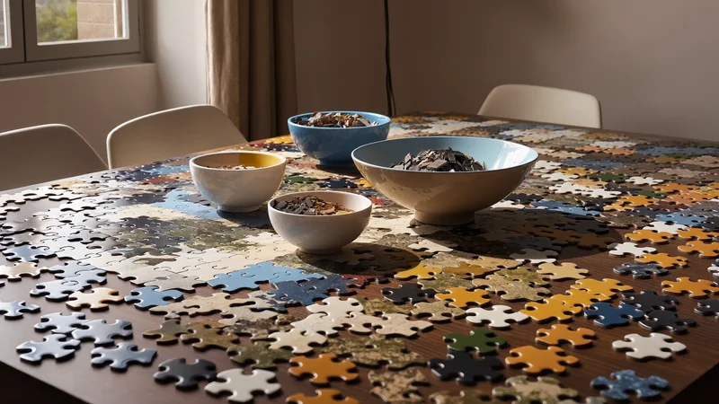 Großes Stadtmotiv-Puzzle halb gelegt, Randteile in kleinen Schalen sortiert