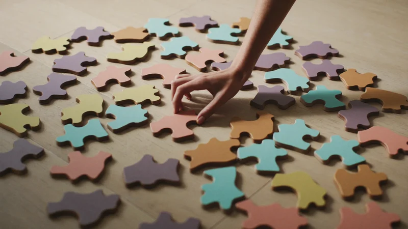 Hölzerne Tier-Puzzleteile auf hellem Boden, eine Kinderhand setzt ein Teil ein