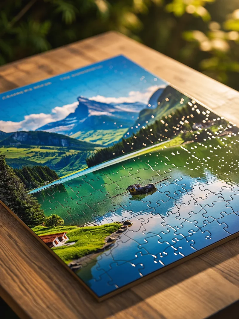 Fertiges Panorama-Puzzle mit Bergsee flach auf dem Tisch liegend