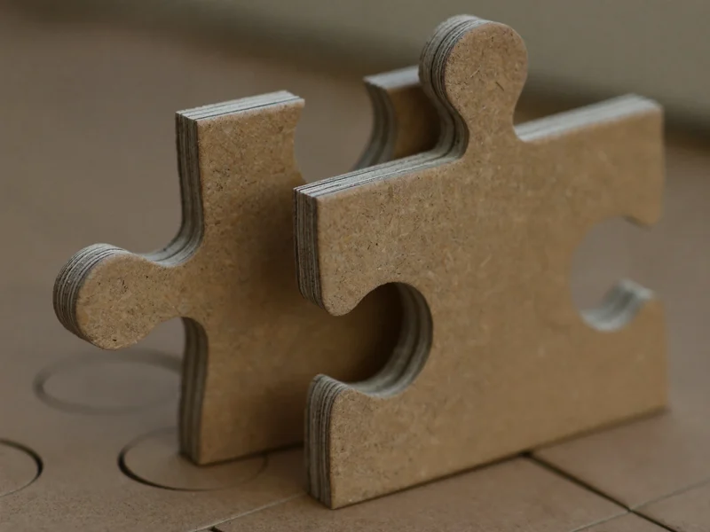 Nahaufnahme ineinandergreifender Puzzleteil-Kanten mit sichtbarer Kartonstruktur